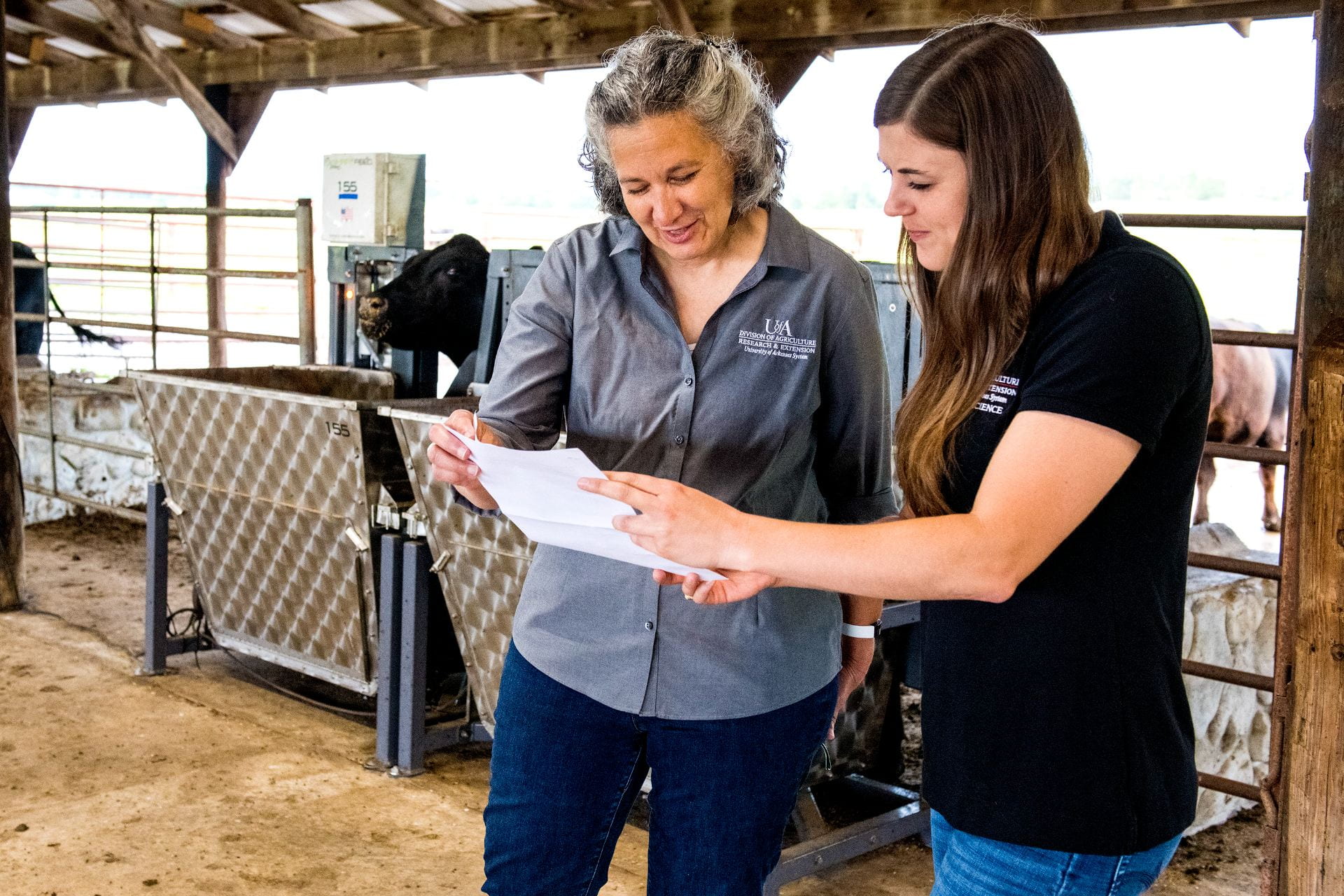 Beth Kegley and Brittni Littlejohn discuss plans for research in front of an automatic cattle feeder