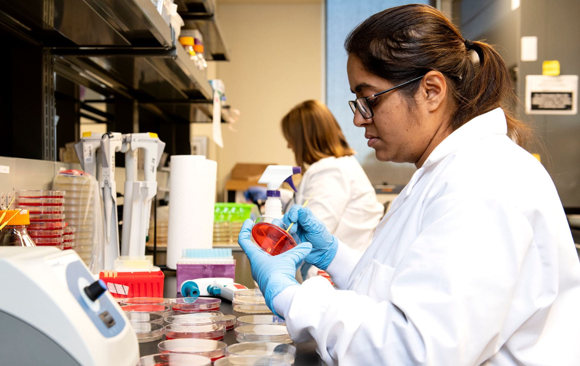 Woman wearing white lab coat examines a petri dish